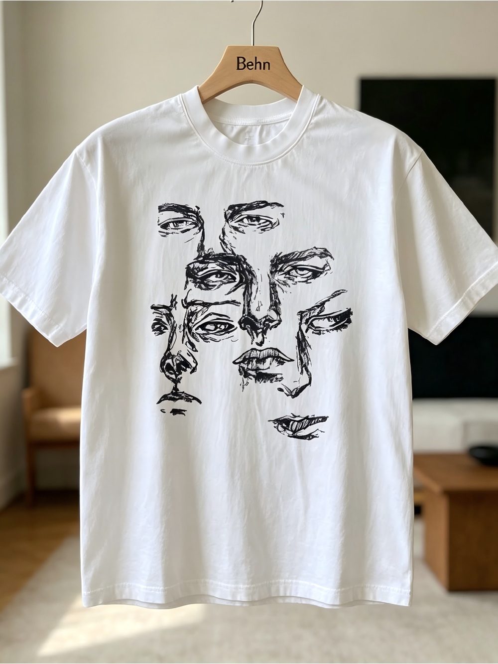 White Short-Sleeve Tee with Abstract Face Graphic Womens Mens T-shirt Unisex